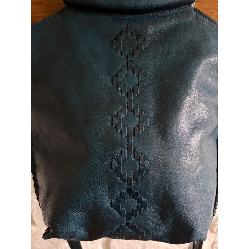 Vintage Latico Teal Leather Handbag Whipstitch Crossbody Tote Geometric Detail - Picture 5 of 17
